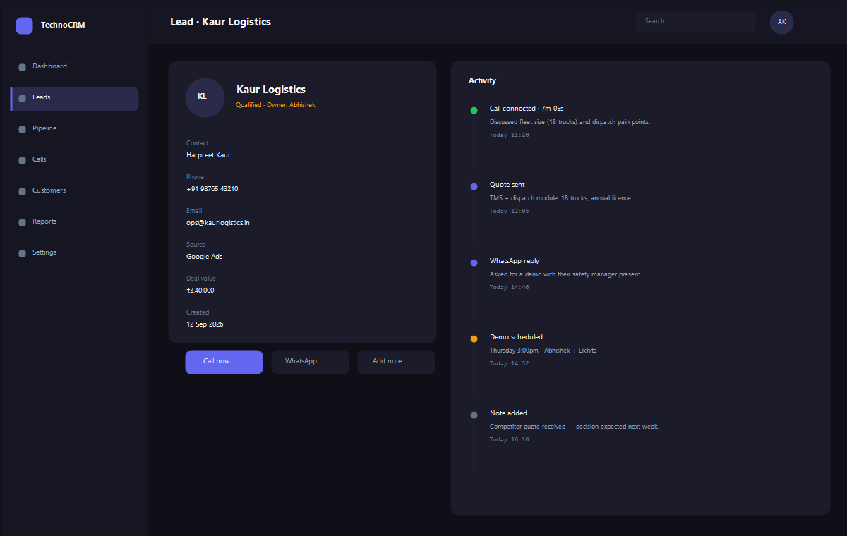 Call Center CRM — Lead &amp; call detail screen